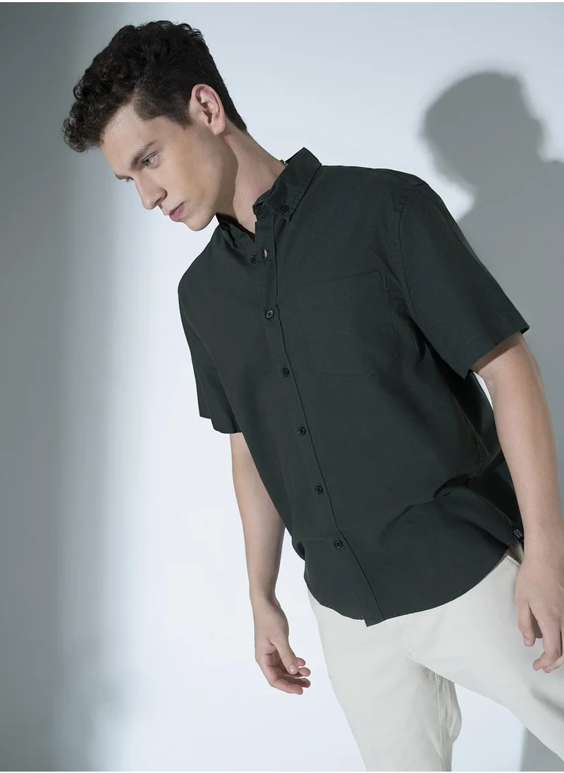 Hubberholme Dark Green Button-Down Casual Shirt for Men, Cotton