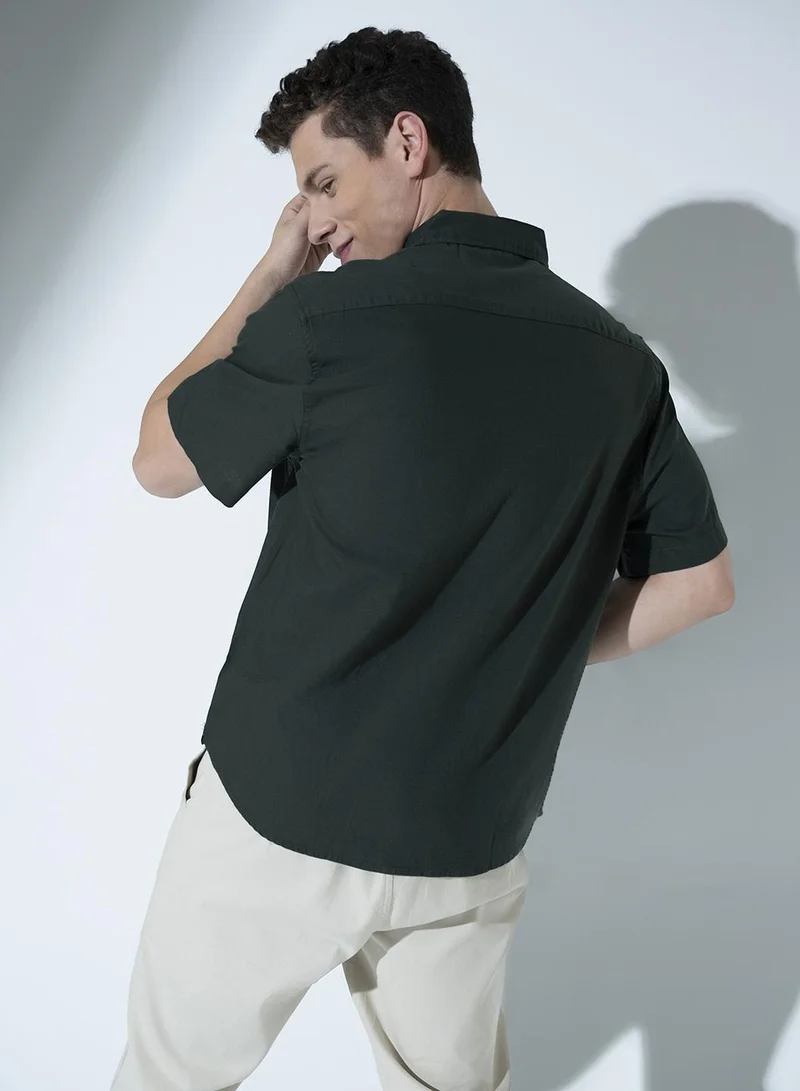 Hubberholme Dark Green Button-Down Casual Shirt for Men, Cotton