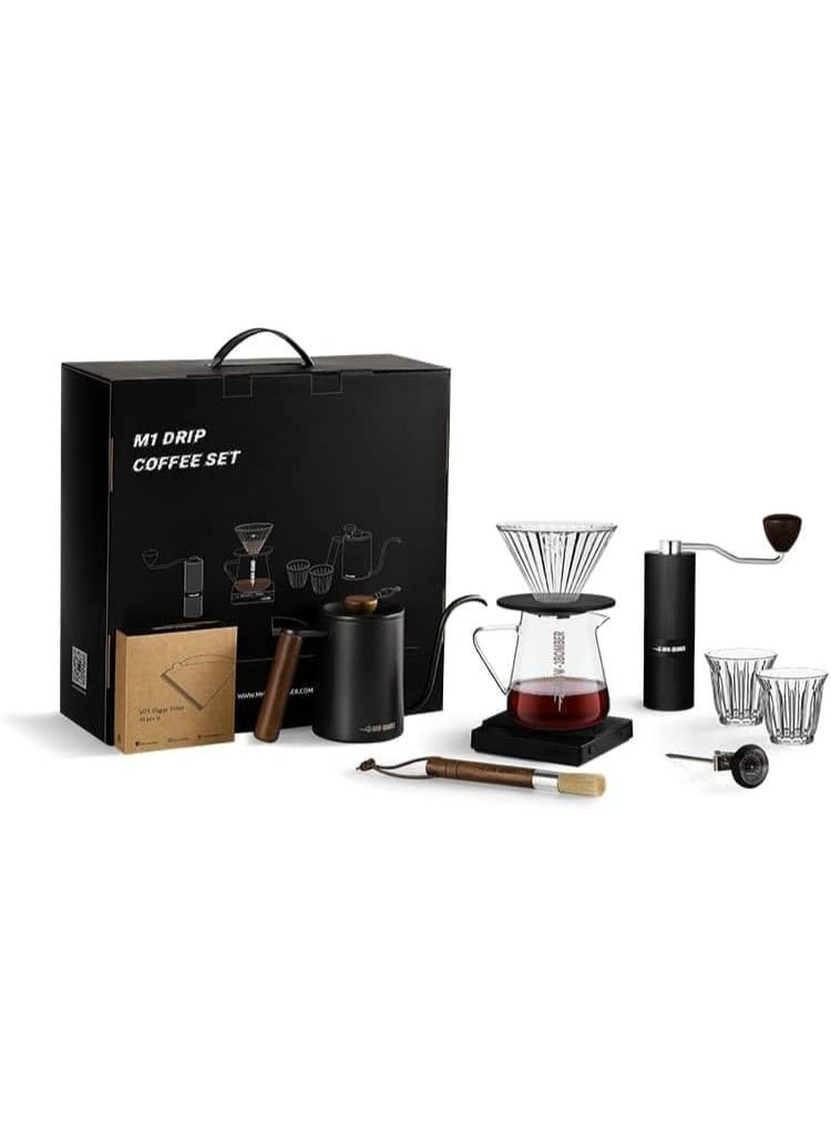 ام اتش دابيلو - ثري بومبار مجموعة قهوة MHW-3BOMBER M1 مع مطحنة يدوية، ومصفاة زجاجية، وغلاية، وميزان، وأوراق ترشيح - 10 قطع (أسود) - Image 1
