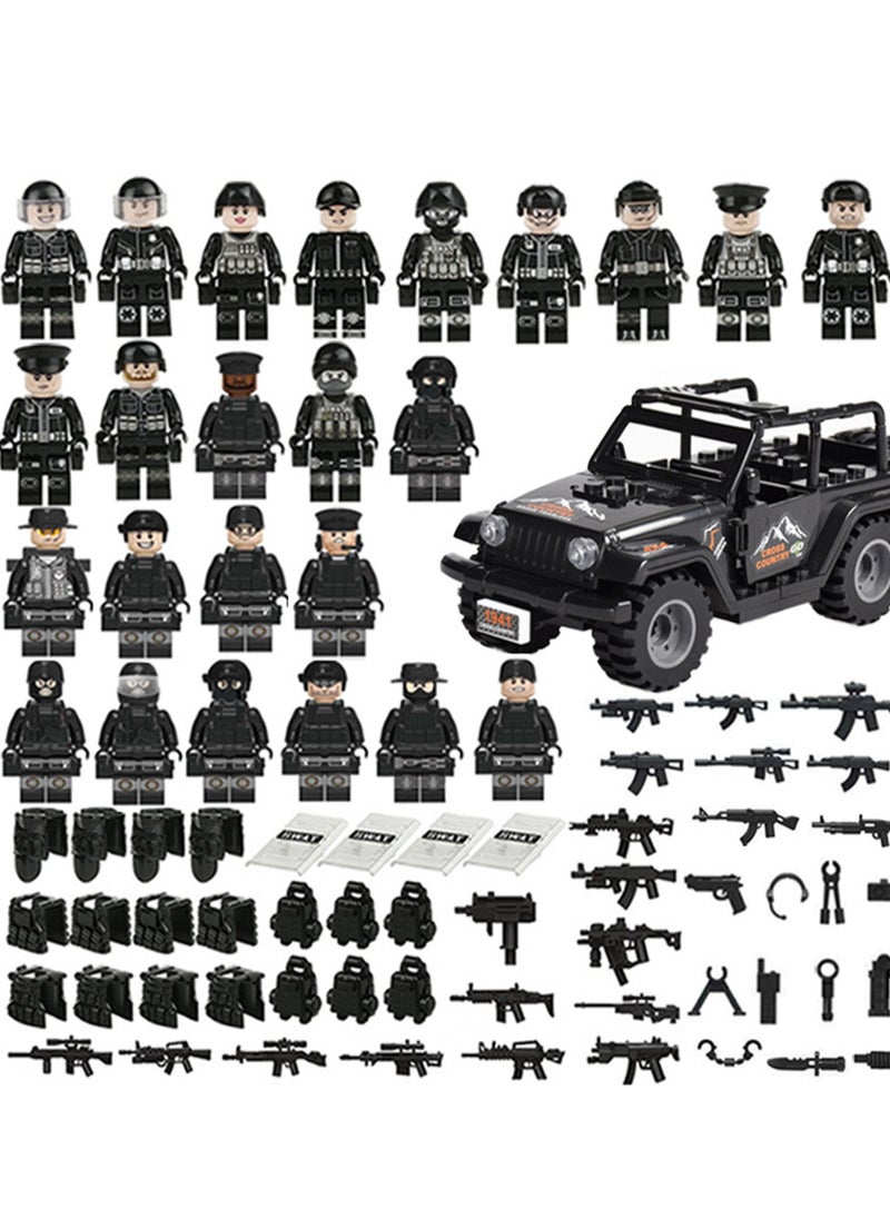Military Building Block Set Police Car Police Doll Small Particle Assembly Toys (24 Characters + Black Police Car)  - Image 1