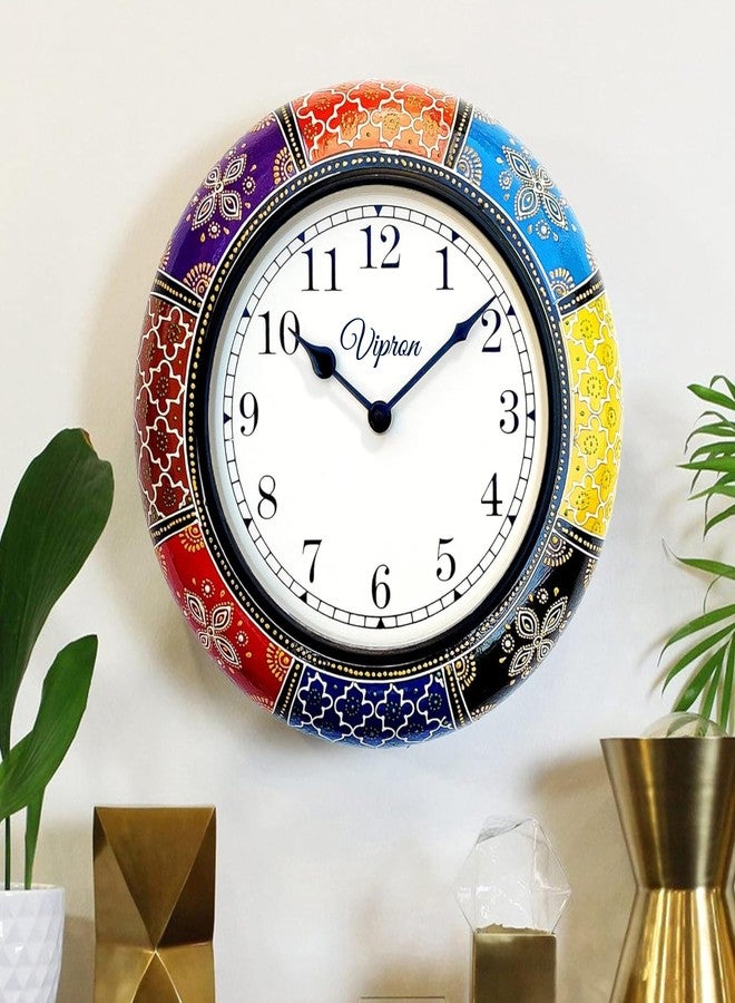 Vipron Hand-Painted Moroccan-Inspired Wooden Wall Clock, 12 Inch, Multicolor, Silent Non-Ticking, Round, Traditional Victorian Style Home Decor - Image 1