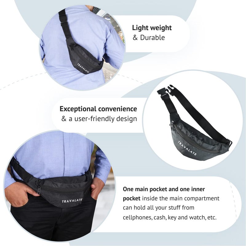 TRAVALATE ® Waist Bag for Men Women with Adjustable Strap, Water Resistant (Black) - Image 4
