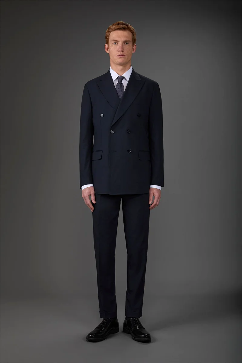 Double-breasted men's suit with single-pleat trousers in two-way stretch fabric - DK Blue