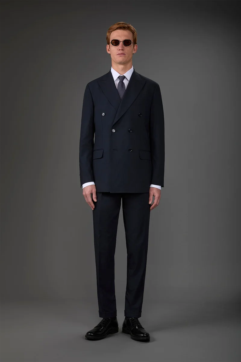 Doppelganger Blue Double-breasted men's suit with single-pleat trousers in two-way stretch fabric - DK Blue for Men | Best Price UAE