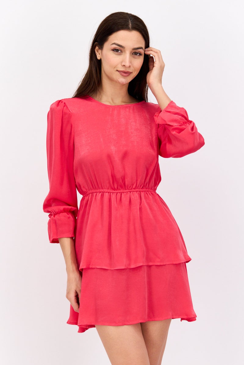 Flounce London Women Petite Tiered Mini Dress, Neon Pink - Image 1