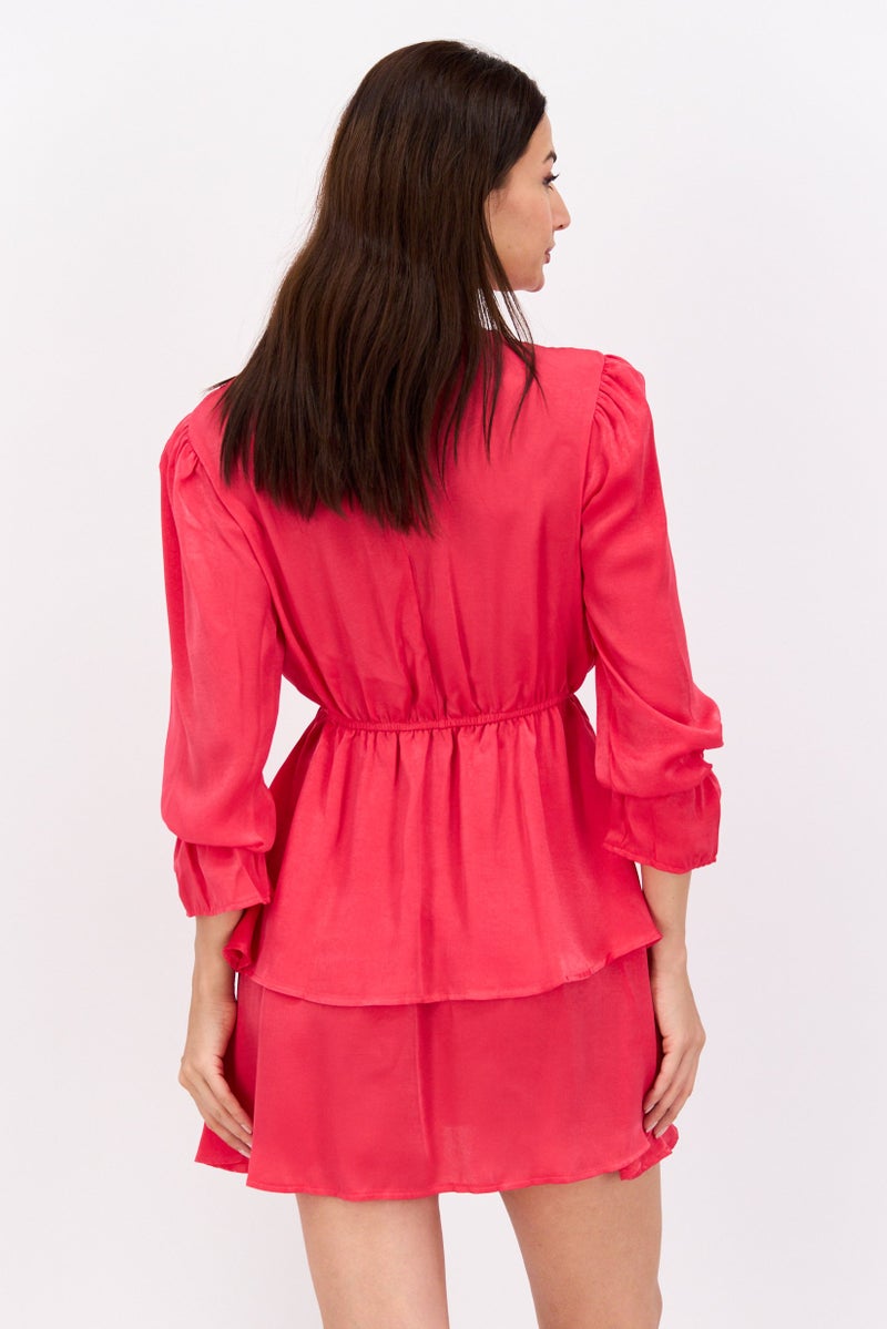 Flounce London Women Petite Tiered Mini Dress, Neon Pink - Image 3