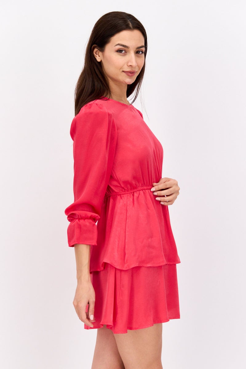 Flounce London Women Petite Tiered Mini Dress, Neon Pink - Image 2