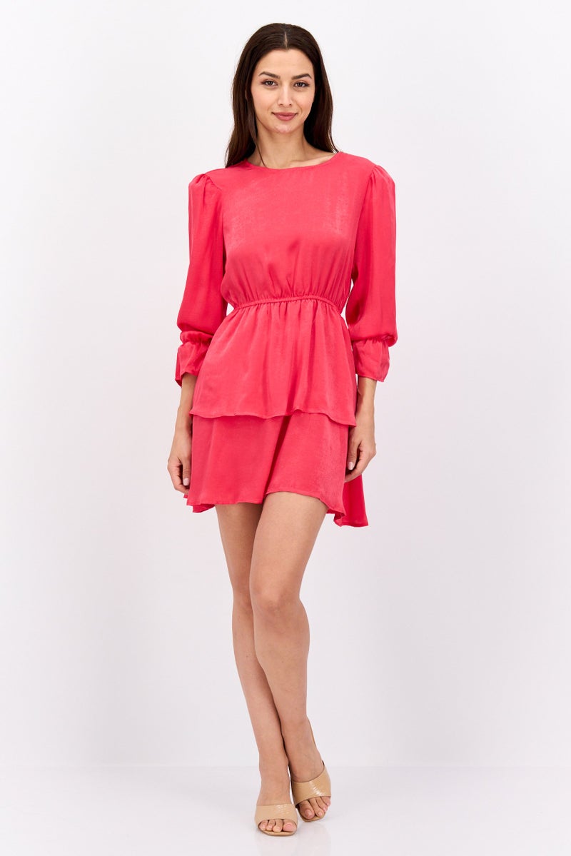 Flounce London Women Petite Tiered Mini Dress, Neon Pink - Image 4