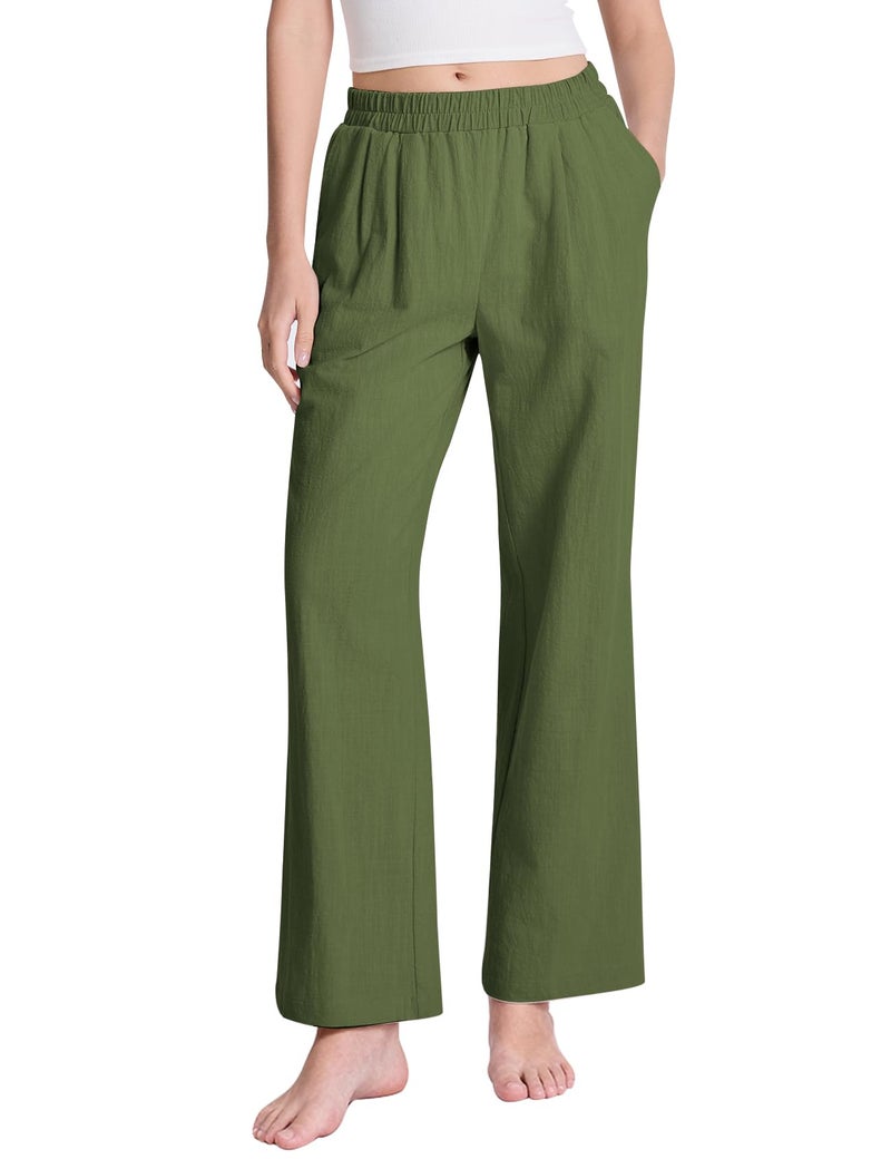 PEHMEA Women's Linen Palazzo Pants Wide Leg Long Flowy Pant for Women Spring Summer Casual Lounge Travel Trousers(ArmyGreen-XL) - Image 2