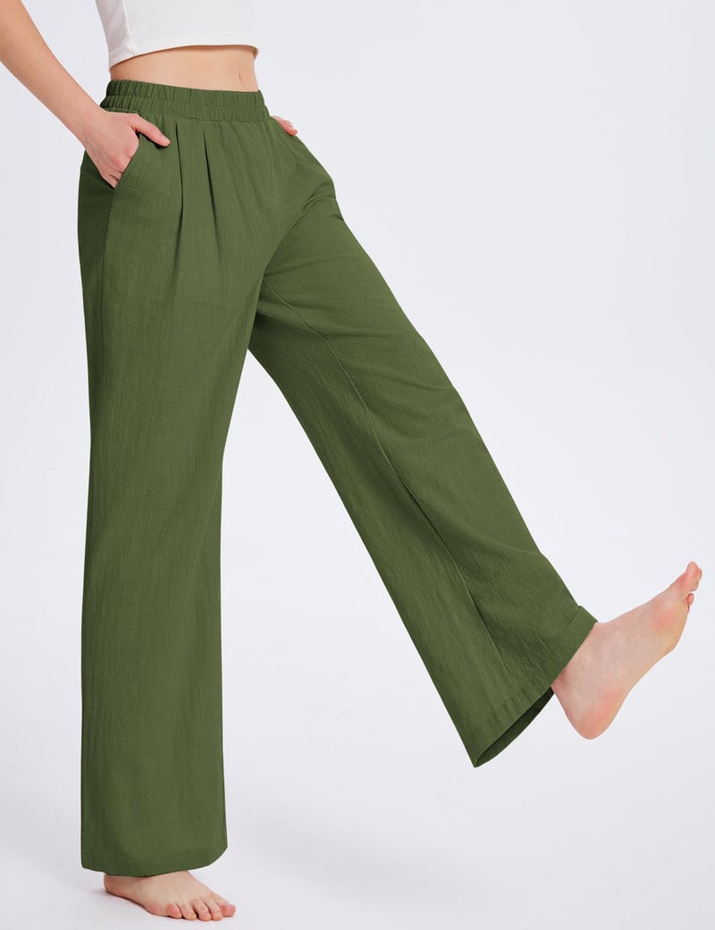 PEHMEA Women's Linen Palazzo Pants Wide Leg Long Flowy Pant for Women Spring Summer Casual Lounge Travel Trousers(ArmyGreen-XL) - Image 4