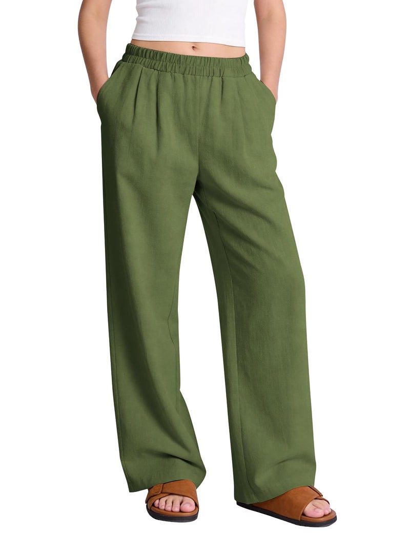PEHMEA Women's Linen Palazzo Pants Wide Leg Long Flowy Pant for Women Spring Summer Casual Lounge Travel Trousers(ArmyGreen-XL) - Image 1