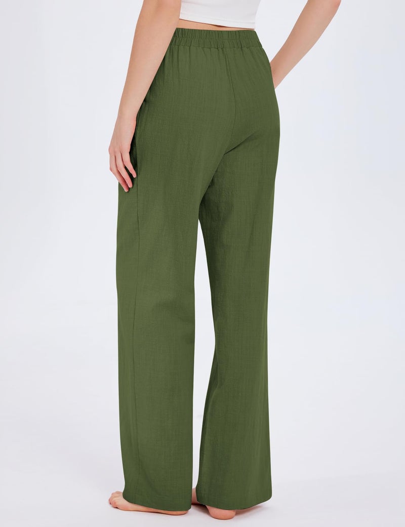 PEHMEA Women's Linen Palazzo Pants Wide Leg Long Flowy Pant for Women Spring Summer Casual Lounge Travel Trousers(ArmyGreen-XL) - Image 5