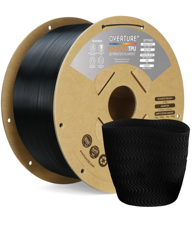 OVERTURE TPU High Speed Filament 1.75mm Flexible Roll, 95A Soft 3D Printer Filament, 2kg Spool (4.4 lbs), Fit Most FDM Printer (HS TPU 2kg Black 1-Pack) - Image 1
