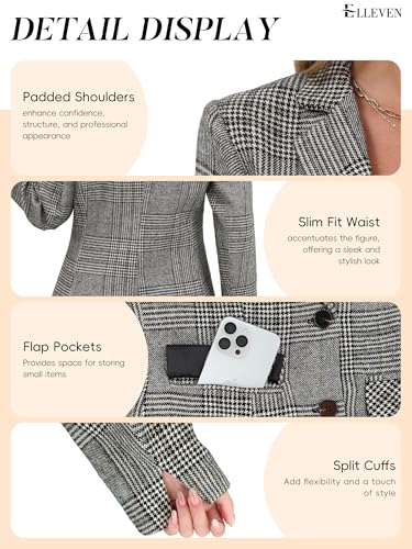 ELLEVEN Womens Casual Plaid Blazer Lapel Collar Double Button Long Sleeve Boyfriend Blazer Suit Houndstooth Plaid Blazer Jacket Business Work Office Blazer Suits Black Plaid Large - Image 5