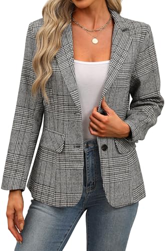 ELLEVEN Womens Casual Plaid Blazer Lapel Collar Double Button Long Sleeve Boyfriend Blazer Suit Houndstooth Plaid Blazer Jacket Business Work Office Blazer Suits Black Plaid Large - Image 1