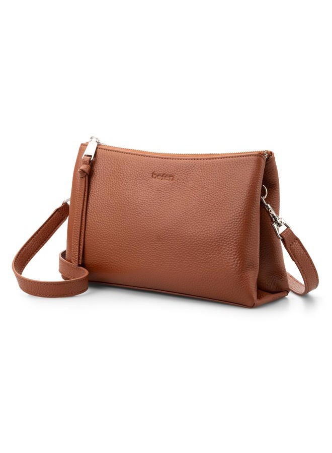 befen Genuine Leather Crossbody Bags for Women, Small RFID Leather Cross Body Purses Shoulder Handbags, Cognac Brown, 10.4" L x 2.75" W x 5.91" H, Classic - Image 1