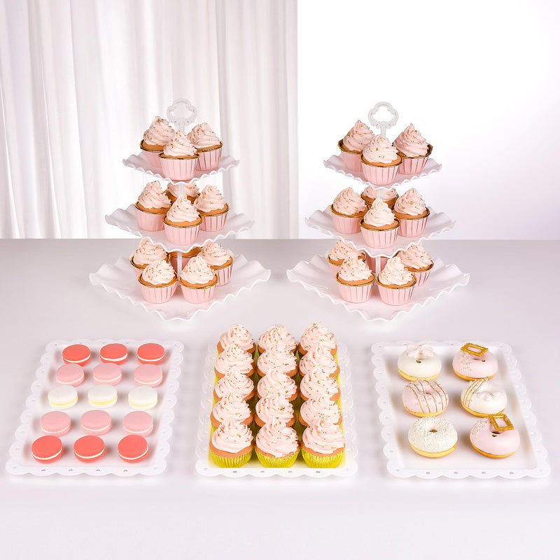 NWK 5 Piece Cake Stand Set with 2 x Large 3-Tier Cupcake Stands, 3 x Appetizer Trays, for Wedding Birthday Baby Shower Tea Party Decorations (White) - Image 1