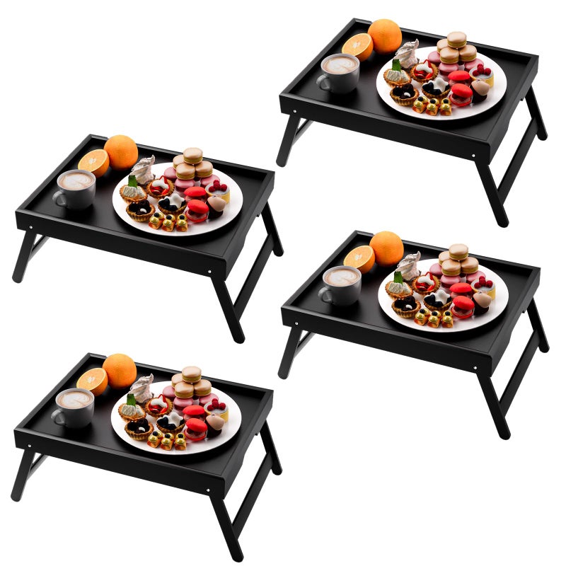 Fibogollo 4 Pack Bamboo Bed Tray Table with Folding Legs,Breakfast Trays,Serving Tray,Laptop Trays for Working,Food Snack Tray for Bed and Sofa(Black) - Image 1