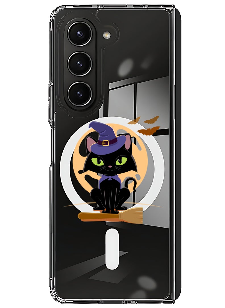 Theodor Magnetic Case for Samsung Galaxy Z Fold 5 Compatible with MagSafe Wireless Charging, Shockproof Phone Bumper Cover Cat Halloween with broom - Image 1