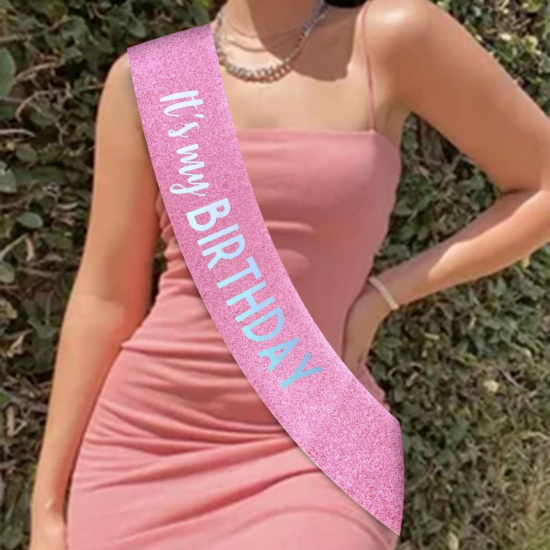 BAHABY It's My Birthday Sash Pink Glitter Sash with Multicolor Foil Happy Birthday Decorations for Women Girls Men Boys Pink Party Decorations - Image 4
