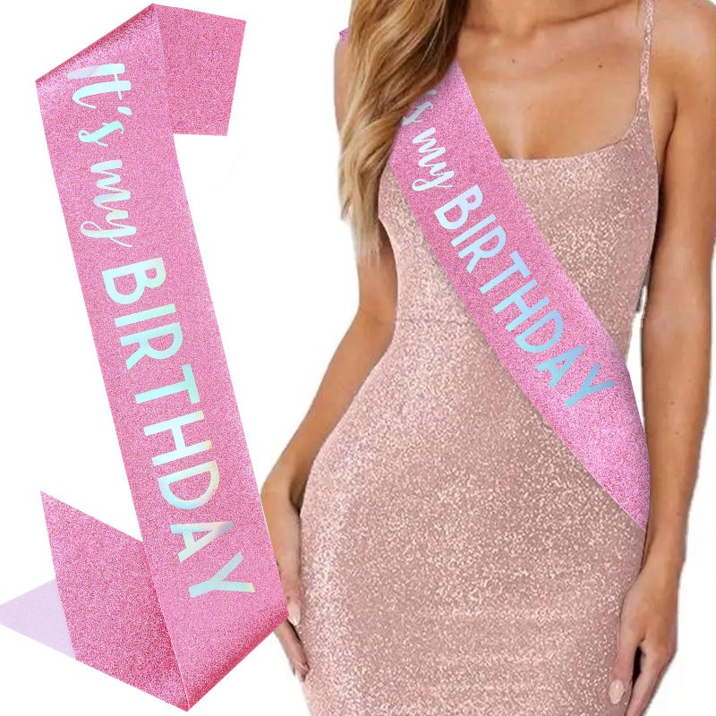 BAHABY It's My Birthday Sash Pink Glitter Sash with Multicolor Foil Happy Birthday Decorations for Women Girls Men Boys Pink Party Decorations - Image 1