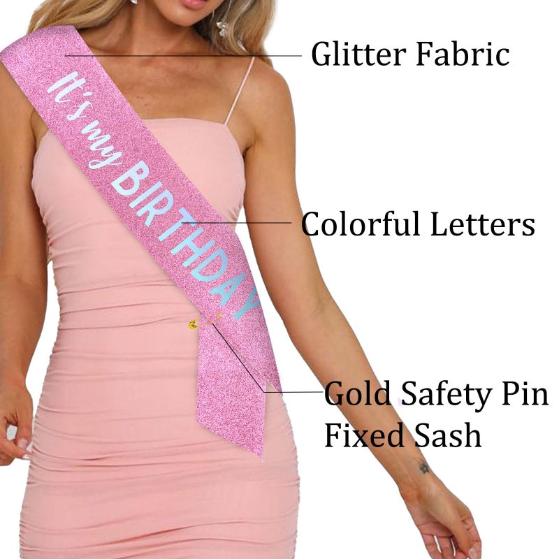BAHABY It's My Birthday Sash Pink Glitter Sash with Multicolor Foil Happy Birthday Decorations for Women Girls Men Boys Pink Party Decorations - Image 5