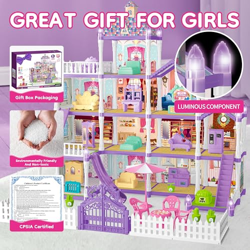 Seifar Doll House Playset for Kids Girls 4 Storey 13 Rooms 3 Dolls  2 Puppies Furniture  Accessories for 5678 Year Old Girls Purple - Image 5