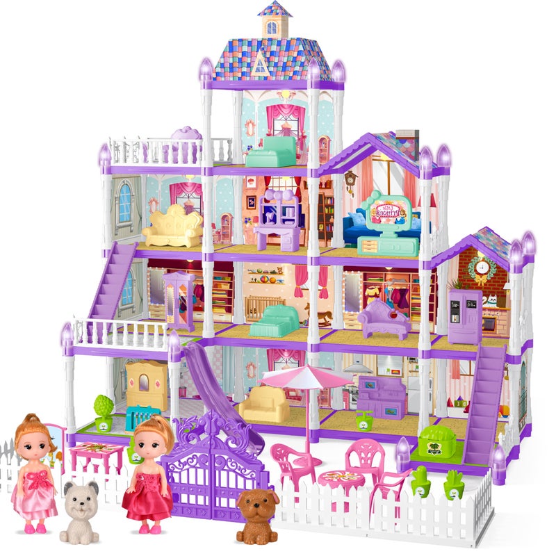 Seifar Doll House Playset for Kids Girls 4 Storey 13 Rooms 3 Dolls  2 Puppies Furniture  Accessories for 5678 Year Old Girls Purple - Image 3