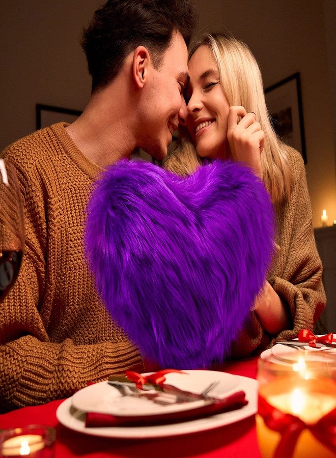 Maitys 2 Pieces Heart Shaped Pillows Faux Fur Throw Fluffy Cute Soft Throw Pillows Decorative with Insert for Bedroom Living Room Sofa Couch, 12 x 16 Inch(Violet) - Image 4