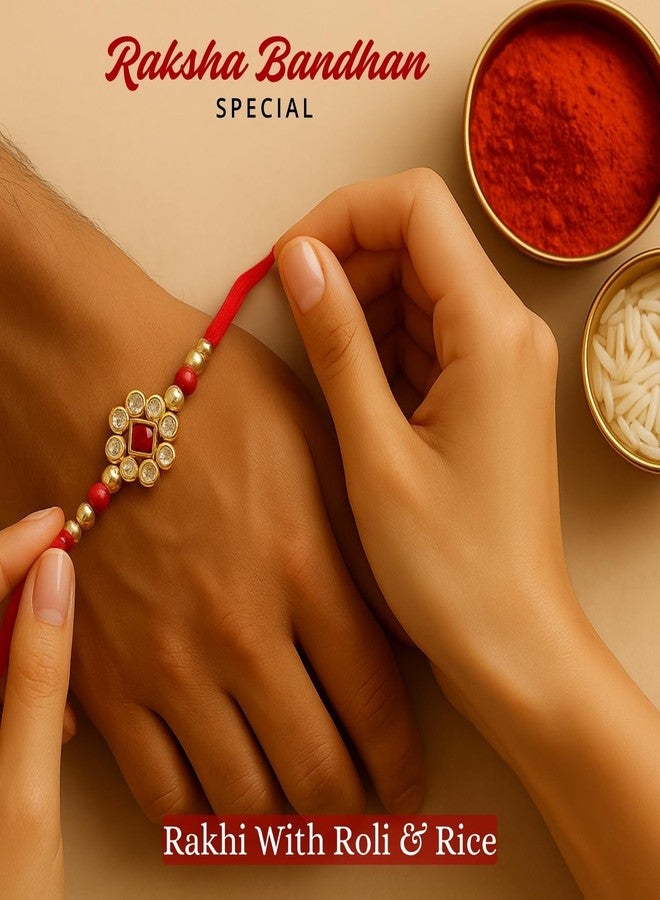 Sage Square Rakhi for Brother, Bhai with Roli Chawal | Raksha Bandhan | Designer Beads, Stones, Decorative Work | Stylish Handcrafted Rakhi Gifting for Sibling Festival Celebration (Type 24) - Image 3