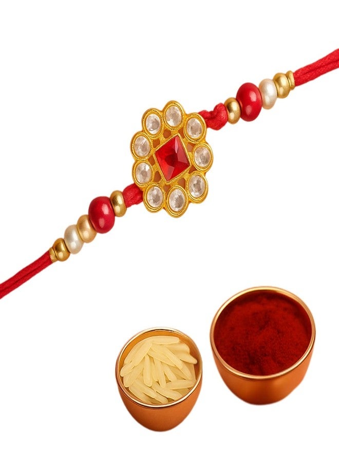 Sage Square Rakhi for Brother, Bhai with Roli Chawal | Raksha Bandhan | Designer Beads, Stones, Decorative Work | Stylish Handcrafted Rakhi Gifting for Sibling Festival Celebration (Type 24) - Image 1