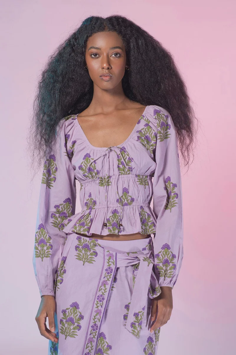 فيرجيو VIRGIO 100% Cotton Cinched Waist Block Print Crop Top