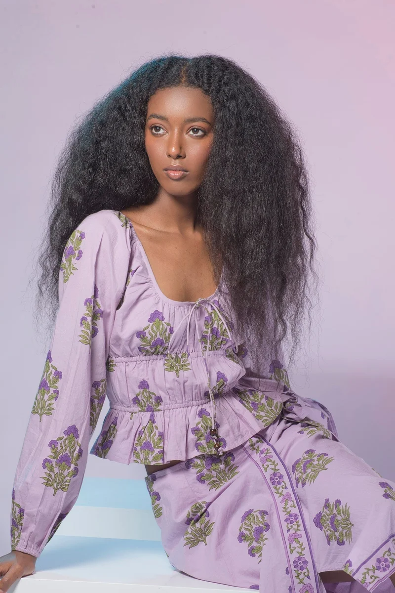 Virgio VIRGIO 100% Cotton Cinched Waist Block Print Crop Top