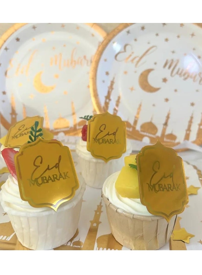 ThePartyPopper 10 Pcs Acrylic Gold Eid Mubarak Cupcake Toppers Muslim Party Supplies Decorations  - Image 1