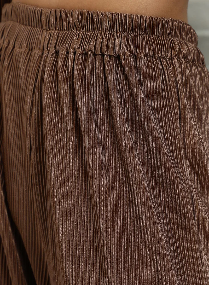 QISSA Qissa Women's Chocolate Brown Solid Pleated Kurta Set For Casual Wear | Round Neck | Long Regular Sleeves | 2 Piece Kurta Set Designed With Comfort Fit For Everyday Ethnic Wear