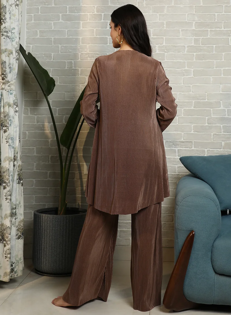 QISSA Qissa Women's Chocolate Brown Solid Pleated Kurta Set For Casual Wear | Round Neck | Long Regular Sleeves | 2 Piece Kurta Set Designed With Comfort Fit For Everyday Ethnic Wear