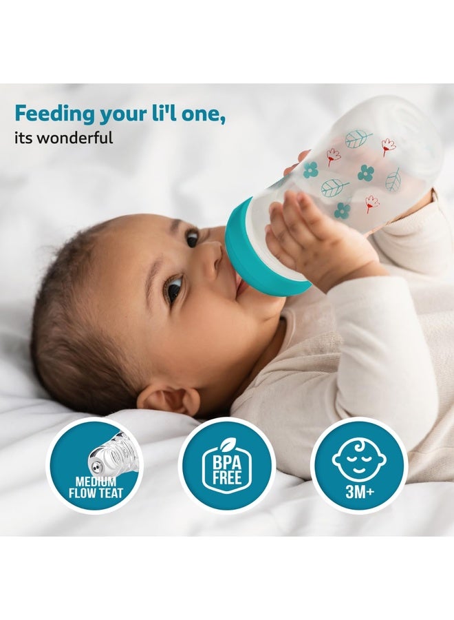 Luvlap Baby Essential Slim Neck Plastic Feeding Bottle, 125Ml, Flower & Jungle, with anti Colic Nipple, New Born / Infants / Toddler upto 3 years, BPA Free, Pack of 2, Blue Green - Image 2