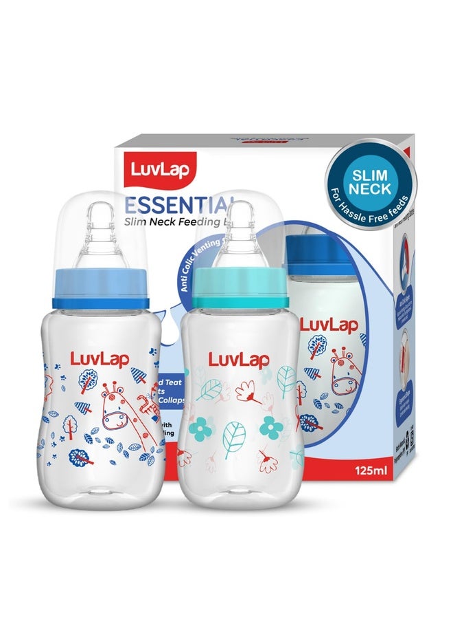 Luvlap Baby Essential Slim Neck Plastic Feeding Bottle, 125Ml, Flower & Jungle, with anti Colic Nipple, New Born / Infants / Toddler upto 3 years, BPA Free, Pack of 2, Blue Green - Image 1