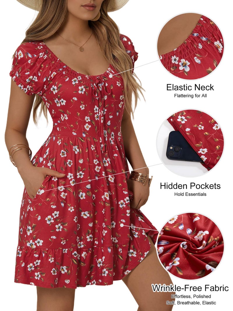 HUHOT Sundress Spring Milkmaid Mini Summer Dresses for Teens Women Over 50 2025 2026 Red Floral Beach Cute Puff Cap Sleeve Dress Petite Vestidos De Vera Elegant Classy - Image 4