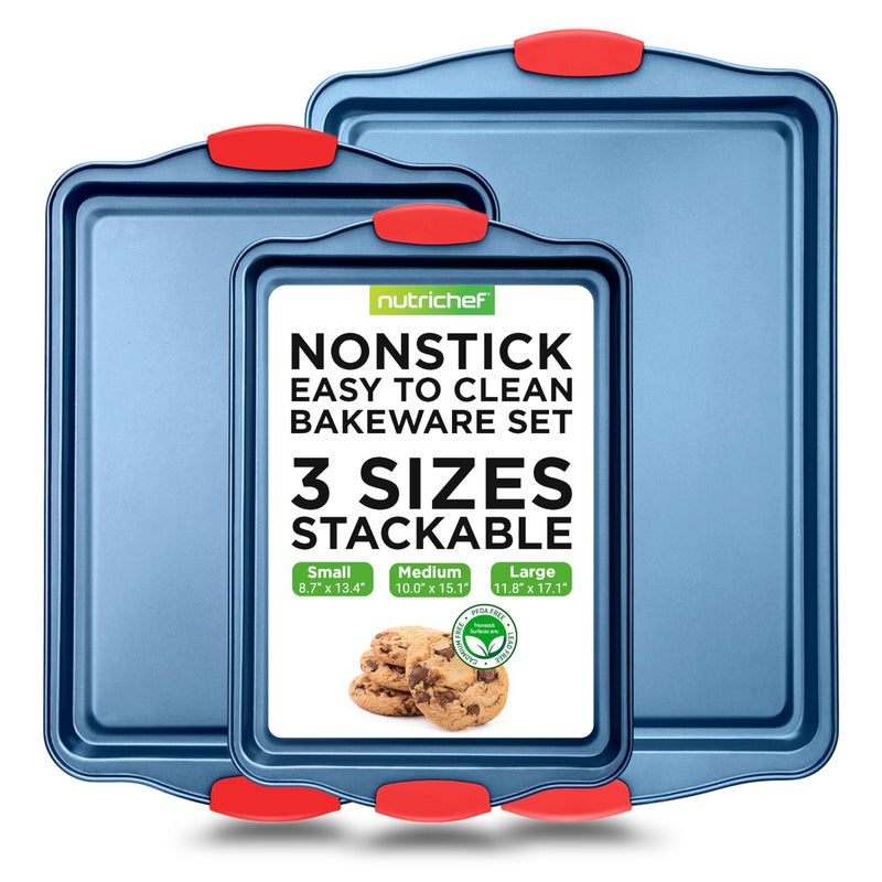NutriChef NutriChef 3Piece Nonstick Cookie Sheets for Baking  Premium Carbon Steel Baking Trays w NonStick Smooth Coating  Silicone Handles  Large Medium  Small Bakeware  Blue