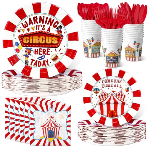 HaPiBiDesign Circus Party Supplies for 20 Guests Carnival Birthday Party Supplies Include Circus Plates and Napkins Cups and Cutlery Circus Birthday Decorations Carnival Party Tableware Set for Kids Birthday - Image 1