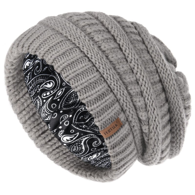 FURTALK Winter Beanie Hat for Women Satin Lined Cable Knit Chunky Slouchy Beanies Skull Warm Cap Fog Grey One Size - Image 1