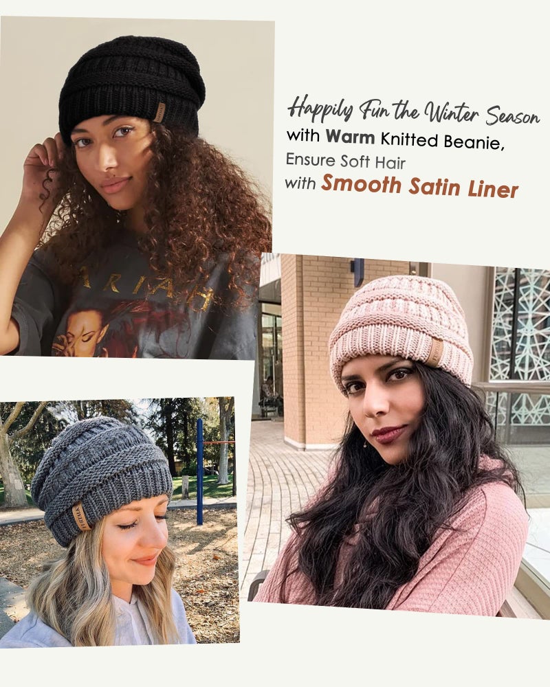 FURTALK Winter Beanie Hat for Women Satin Lined Cable Knit Chunky Slouchy Beanies Skull Warm Cap Fog Grey One Size - Image 3