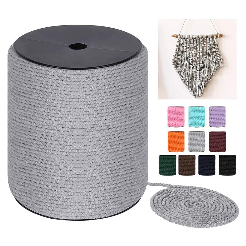 Macrame Cord 4mm x 240Yards 722Feet Colored Natural Cotton Macrame Rope 3 Strands Twisted Colorful Macrame Cotton Cord for Wall Hanging Plant Hangers Gift Wrapping and Wedding Decorations Gray