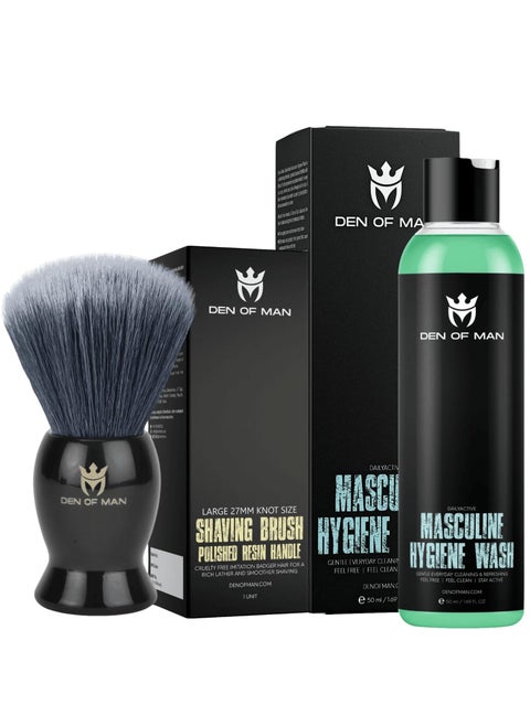 Premium Cruelty Free Imitation Badger Hair Shaving Brush & 50 ml Masculine Hygiene Wash For Jock Itch Cooling & Refreshing Combo