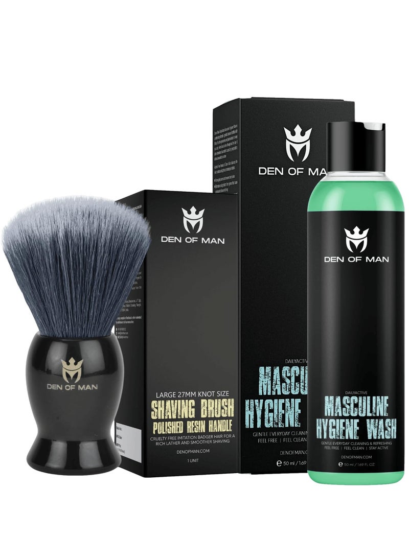 DEN OF MAN - Premium Cruelty Free Imitation Badger Hair Shaving Brush & 50 ml Masculine Hygiene Wash For Jock Itch Cooling & Refreshing Combo - Image 1
