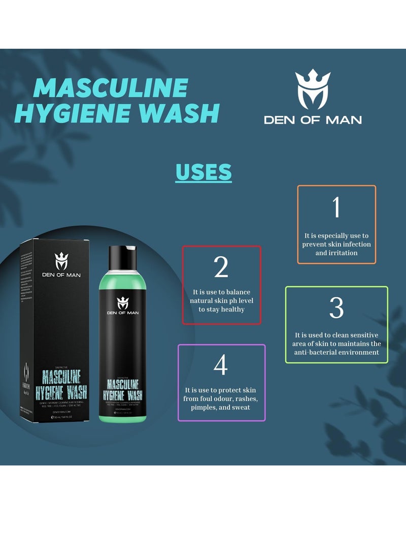 DEN OF MAN - Premium Cruelty Free Imitation Badger Hair Shaving Brush & 50 ml Masculine Hygiene Wash For Jock Itch Cooling & Refreshing Combo - Image 1