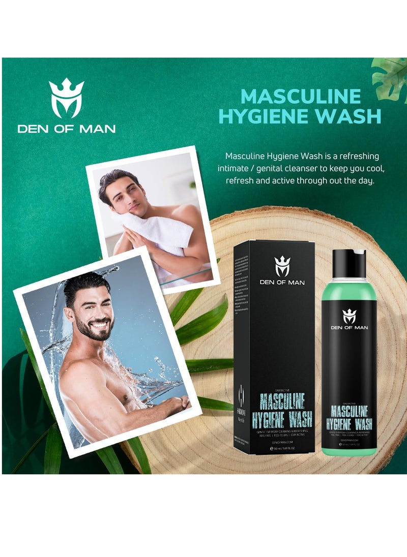 DEN OF MAN - Premium Cruelty Free Imitation Badger Hair Shaving Brush & 50 ml Masculine Hygiene Wash For Jock Itch Cooling & Refreshing Combo - Image 1