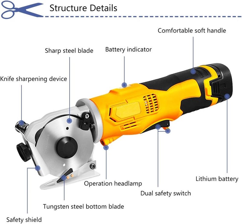 cheekyglo Electric Fabric Scissors Cordless Round Knife Cutting Machine Portable Rotary Cutter for Fabric Leather Carpet (1 Battery) - Image 2