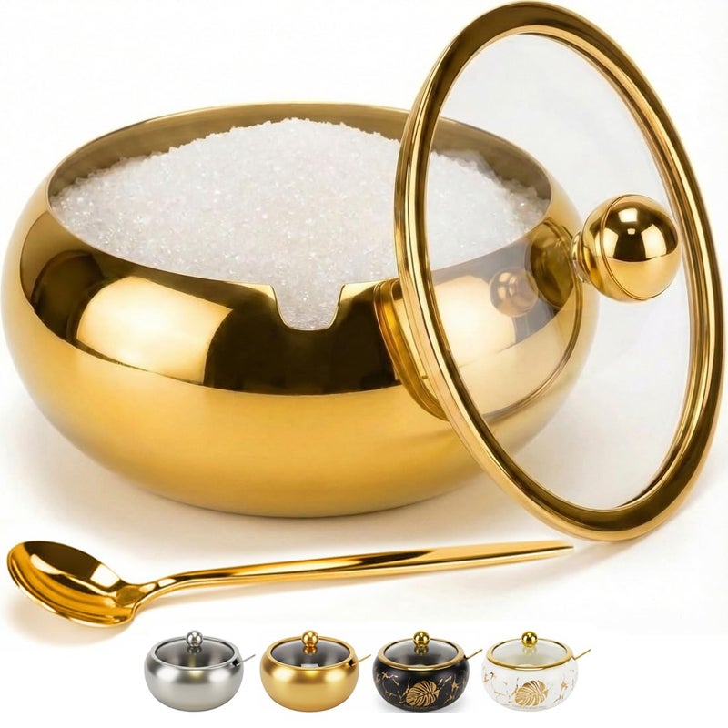 Phininia 15OZ Sugar Bowl with Glass Lid and Spoon, Sugar Container of Coffee Bar Accessories, Stainless Steel Jar for Salt, Tea, Brown Sugar Cube, Dishwasher Safe, Kitchen Decor Countertop Storage, Gold - Image 1